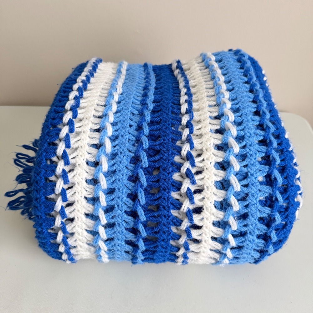 Handmade Crochet Afghan Blanket Blue White Striped Fringe Throw 97x47
